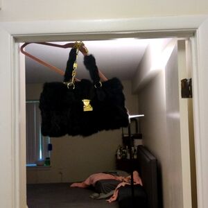 Fall in love- black rabbit fur bag with gold chain detail